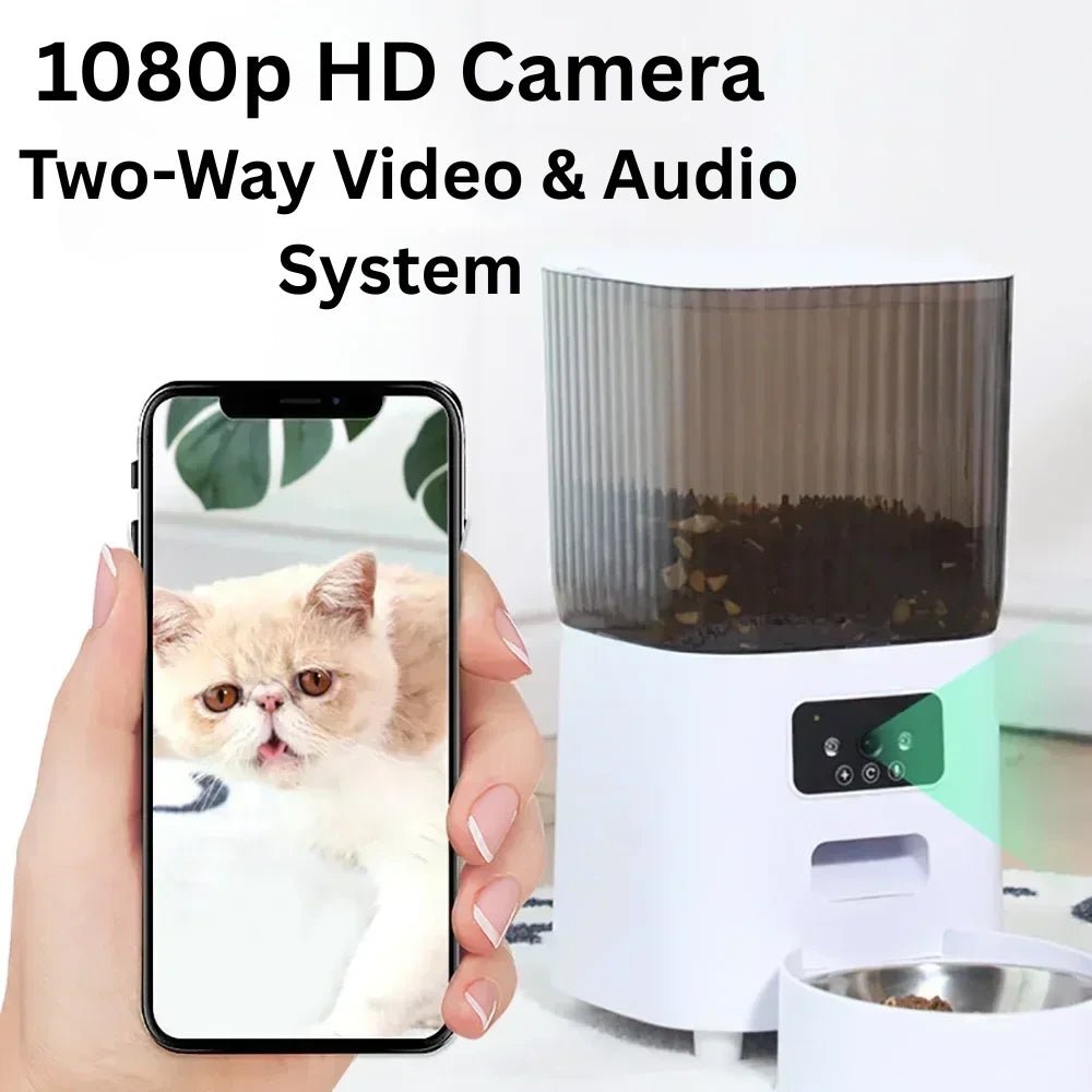 Smart pet feeder streaming live video of a cat to a smartphone, showing HD camera and two-way voice feature in use