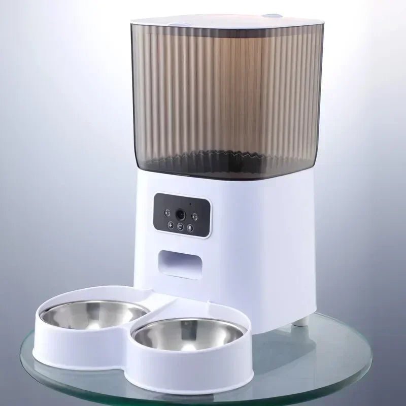 Front view of smart automatic pet feeder with HD camera, dual stainless steel bowls, and sleek modern design