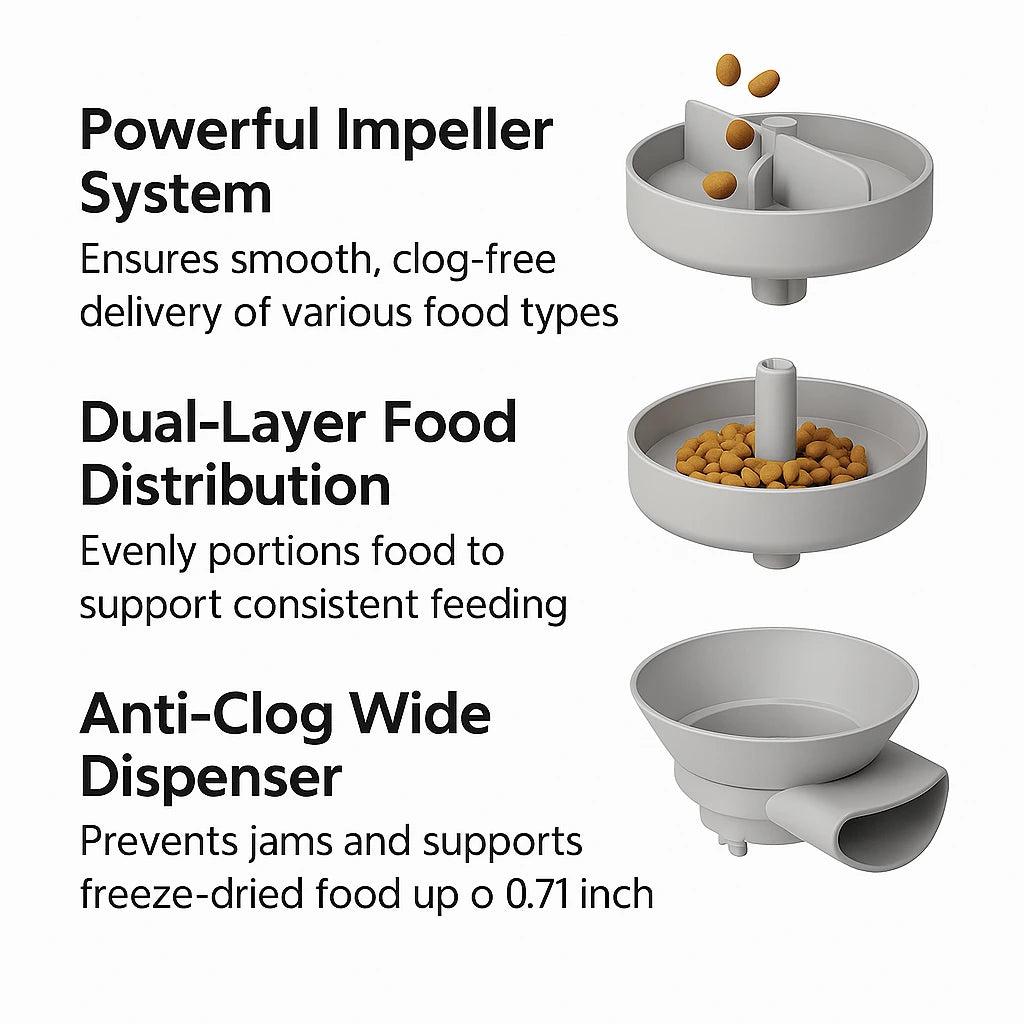 Infographic showing impeller system, dual-layer food distribution, and anti-clog dispenser of a smart pet feeder