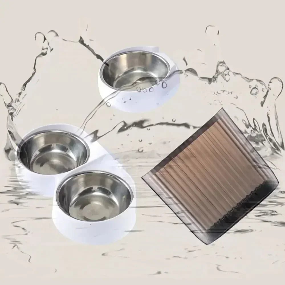 Waterproof stainless steel bowls and food container from automatic pet feeder shown in a splash-cleaning demonstration