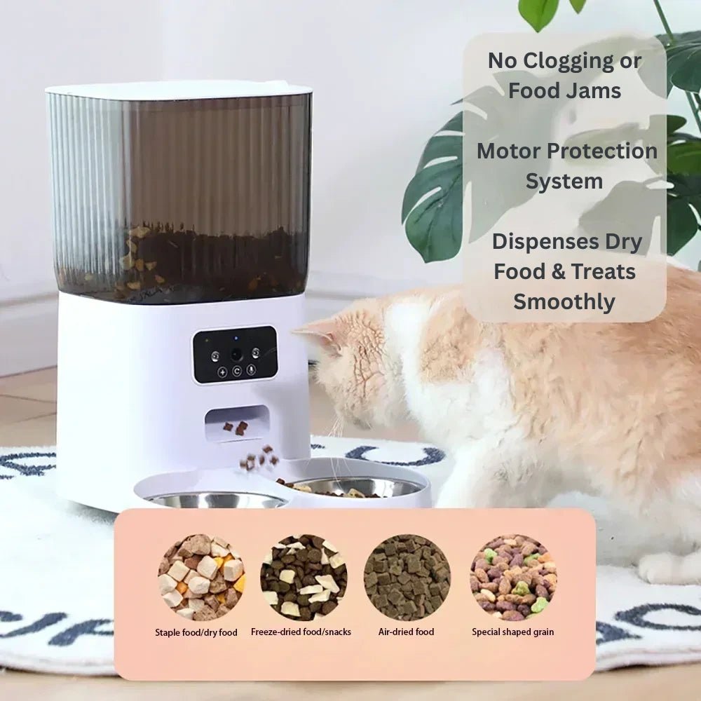Cat eating from smart pet feeder with dry food compatibility chart and motor protection feature highlighted