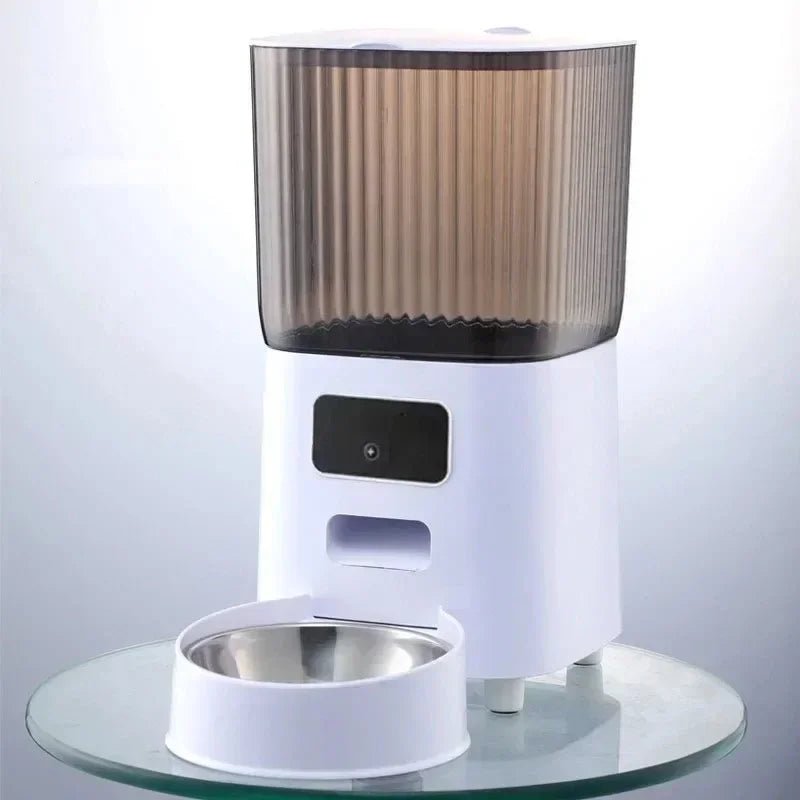 Automatic pet feeder with single stainless steel bowl and built-in camera, placed on a glass surface with minimalist design