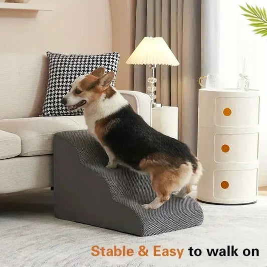 Pet stairs positioned beside a sofa for easy access to furniture