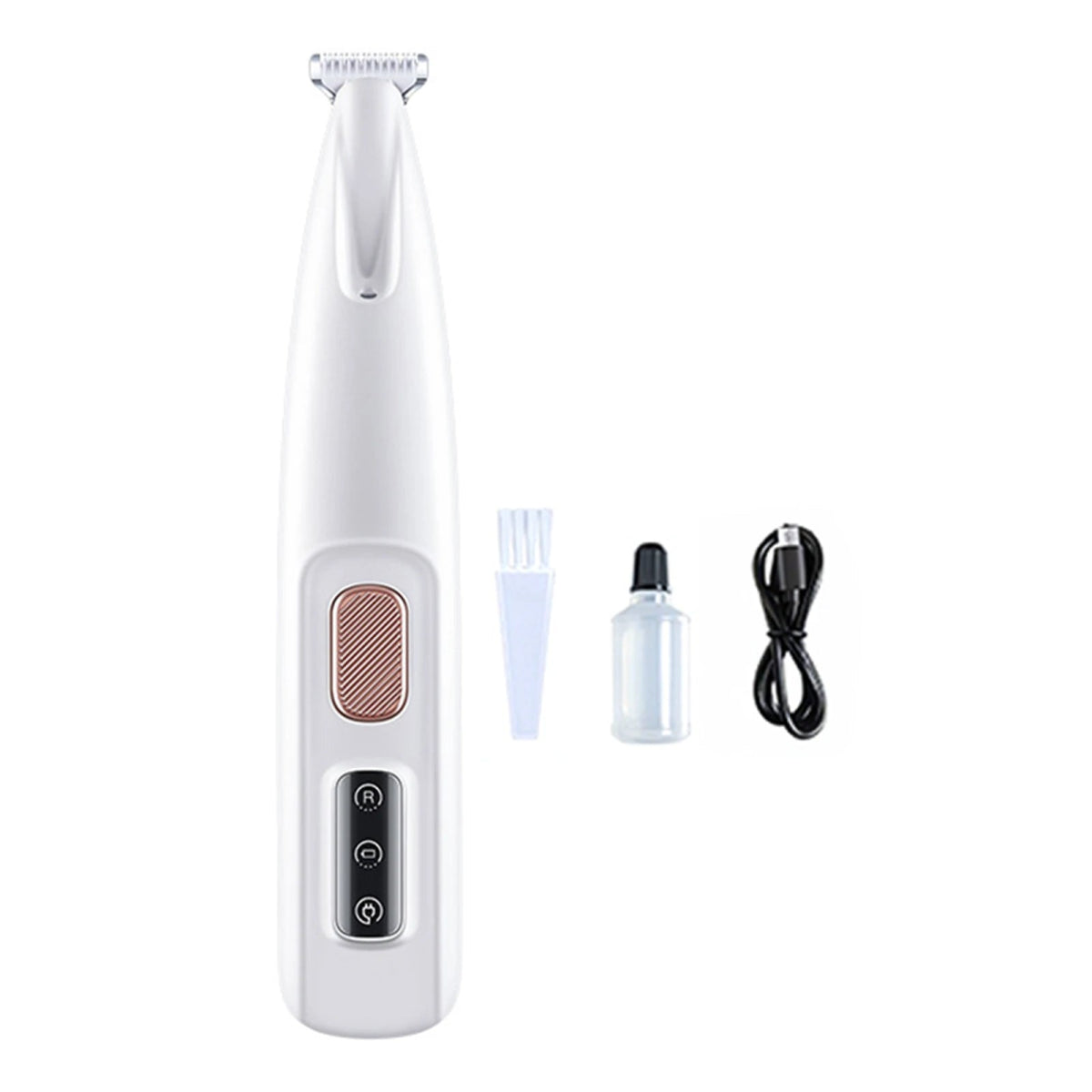 Rechargeable pet nail trimmer kit with cleaning brush, oil bottle, and USB charging cable.