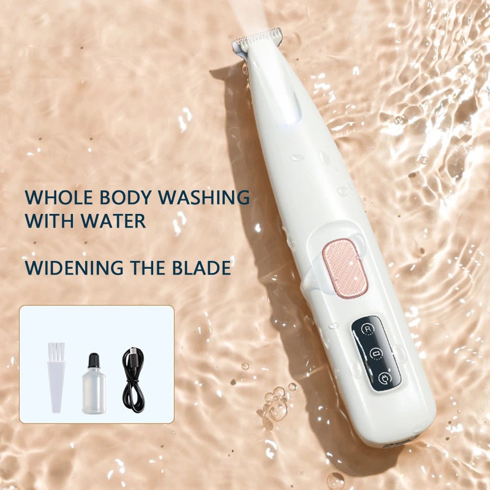 Waterproof cordless pet nail trimmer with LED light, cleaning brush, maintenance oil, and USB charging cable.