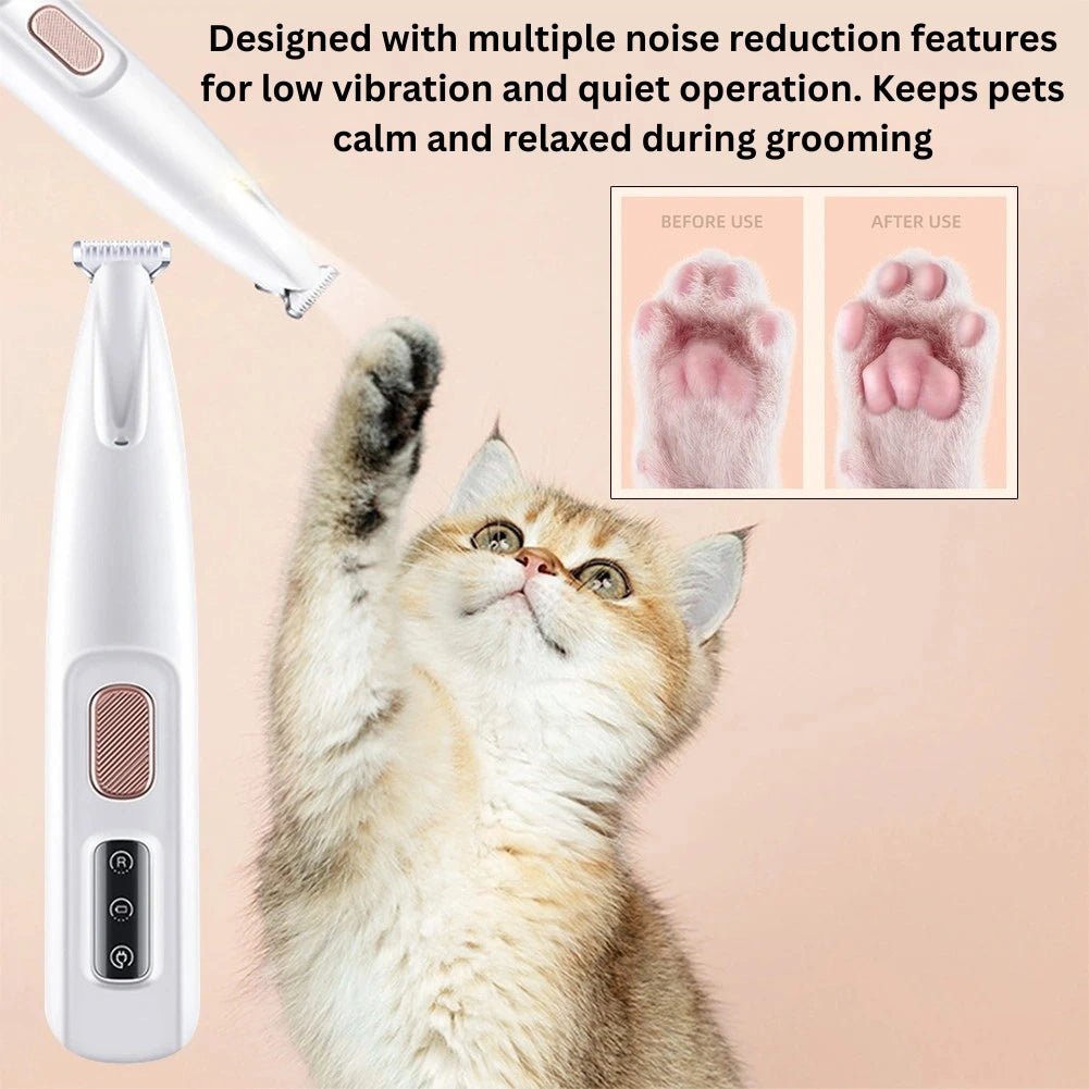 Pet nail grinder with noise reduction design, before and after paw grooming result, featuring playful kitten