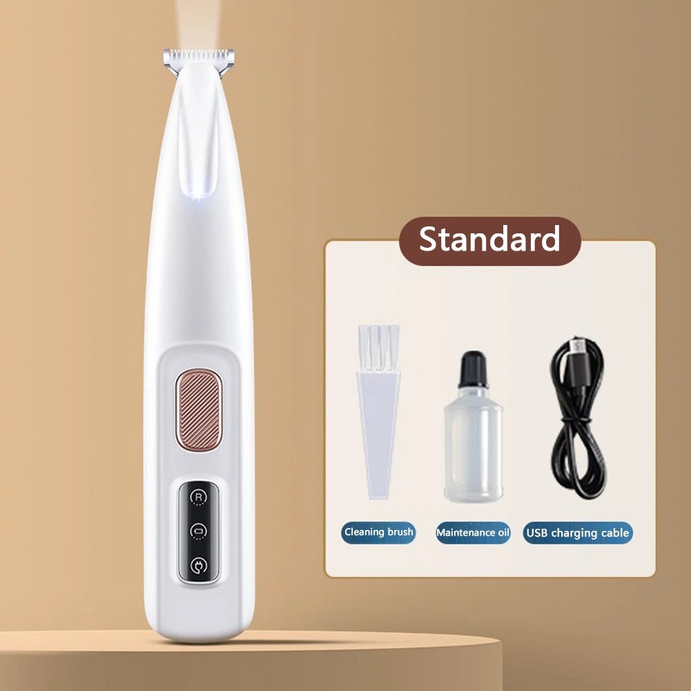 Cordless white pet nail trimmer with LED light, cleaning brush, maintenance oil, and USB charging cable displayed.